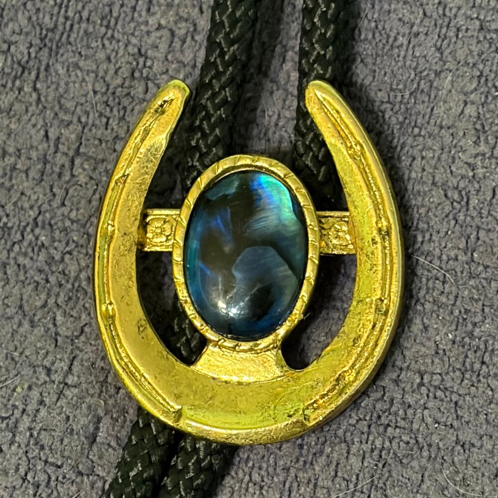 Vtg Horseshoe Bolo Tie Faux Stone Cabochon Braided Black Cord Metal Aglets